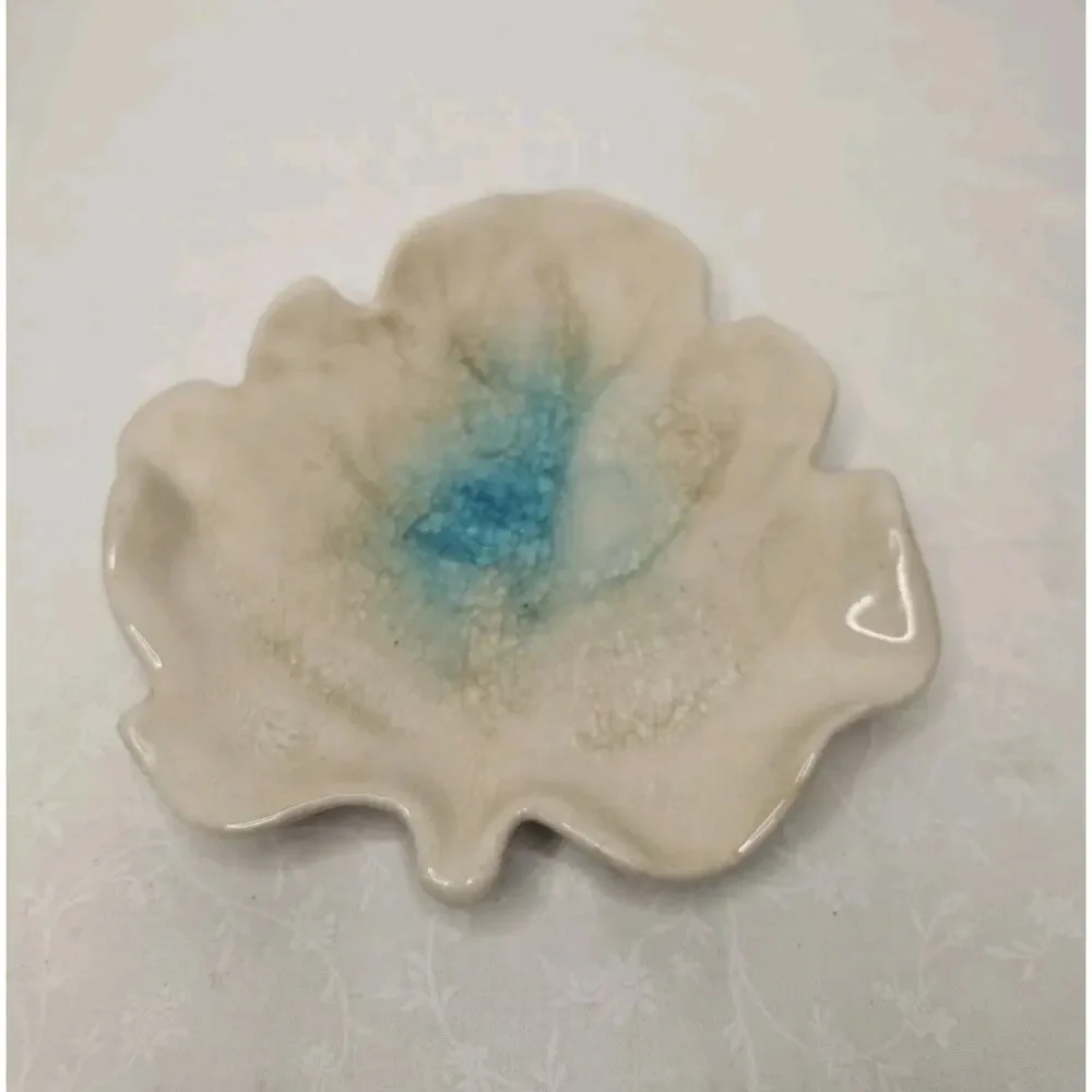Handmade Ceramic Geode Pottery Trinket Dish Crackled Leaf 7